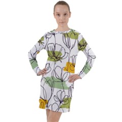 Flower Line Art Color Seamless Pattern Long Sleeve Hoodie Dress