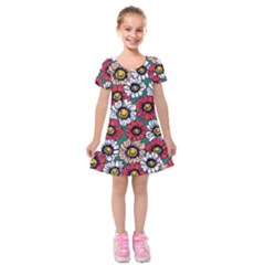 Daisy Colorfull Seamless Pattern Kids  Short Sleeve Velvet Dress by Kizuneko