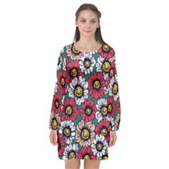 Daisy Colorfull Seamless Pattern Long Sleeve Chiffon Shift Dress 