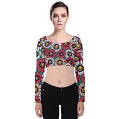 Daisy Colorfull Seamless Pattern Velvet Long Sleeve Crop Top