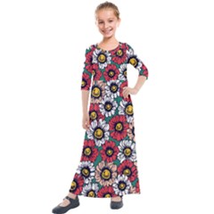 Daisy Colorfull Seamless Pattern Kids  Quarter Sleeve Maxi Dress by Kizuneko