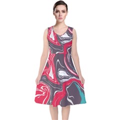 Red Vivid Marble Pattern 3 V-neck Midi Sleeveless Dress  by goljakoff