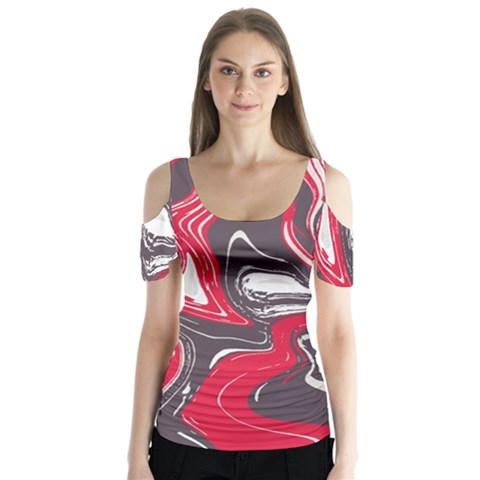 Red Vivid Marble Pattern 3 Butterfly Sleeve Cutout Tee  by goljakoff