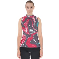 Red Vivid Marble Pattern 3 Mock Neck Shell Top by goljakoff