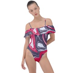 Red Vivid Marble Pattern 3 Frill Detail One Piece Swimsuit by goljakoff