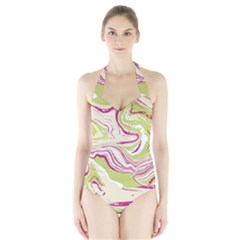 Green Vivid Marble Pattern 6 Halter Swimsuit by goljakoff