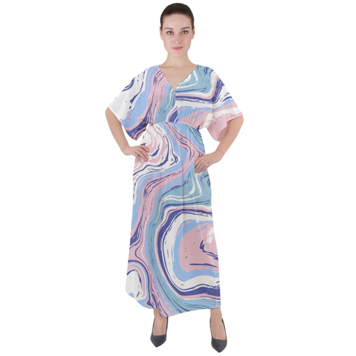 Vector Vivid Marble Pattern 11 V-Neck Boho Style Maxi Dress