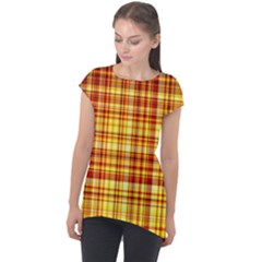 Red Lines On Yellow Cap Sleeve High Low Top