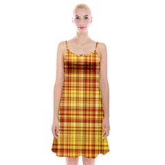 Red Lines On Yellow Spaghetti Strap Velvet Dress