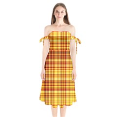 Red Lines On Yellow Shoulder Tie Bardot Midi Dress