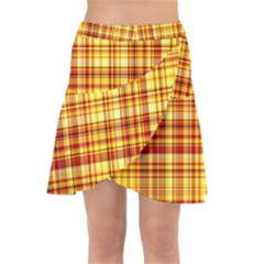 Red Lines On Yellow Wrap Front Skirt by JustToWear