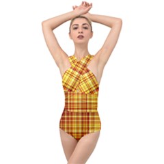 Red Lines On Yellow Cross Front Low Back Swimsuit