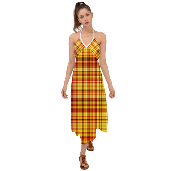 Red Lines On Yellow Halter Tie Back Dress 