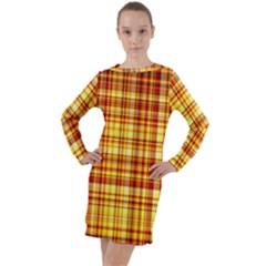 Red Lines On Yellow Long Sleeve Hoodie Dress