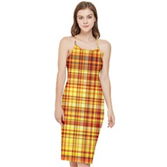 Red Lines On Yellow Bodycon Cross Back Summer Dress