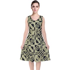 Linear Geometric Print Pattern Mosaic 2 V-neck Midi Sleeveless Dress 