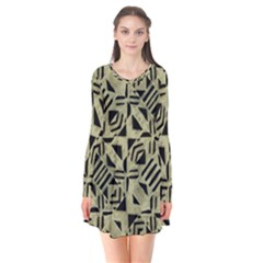 Linear Geometric Print Pattern Mosaic 2 Long Sleeve V-neck Flare Dress by dflcprintsclothing