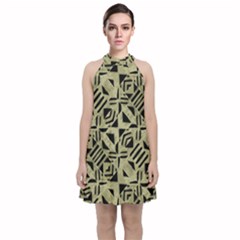 Linear Geometric Print Pattern Mosaic 2 Velvet Halter Neckline Dress  by dflcprintsclothing