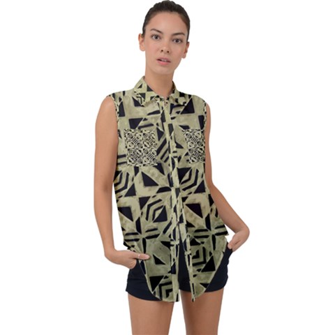 Linear Geometric Print Pattern Mosaic 2 Sleeveless Chiffon Button Shirt by dflcprintsclothing