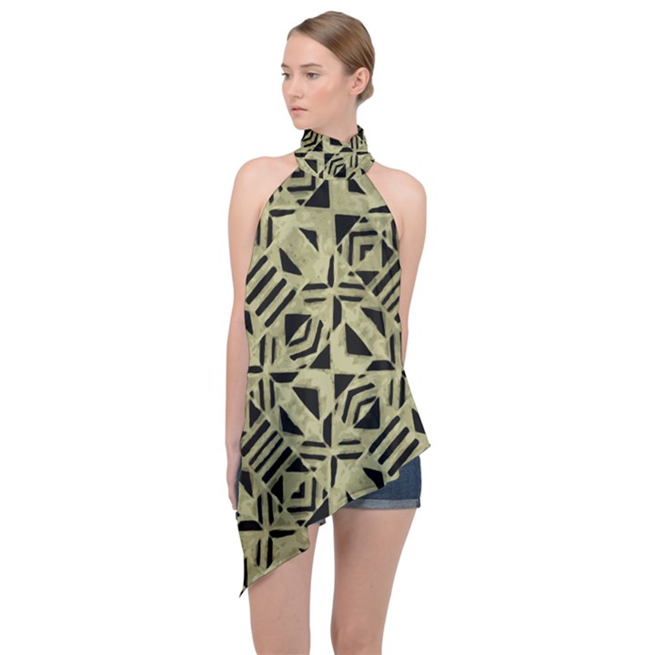 Linear Geometric Print Pattern Mosaic 2 Halter Asymmetric Satin Top