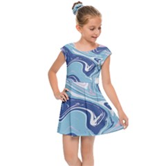 Blue Vivid Marble Pattern Kids  Cap Sleeve Dress