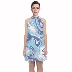 Blue Vivid Marble Pattern Velvet Halter Neckline Dress  by goljakoff