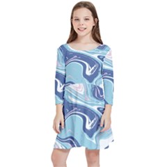 Blue Vivid Marble Pattern Kids  Quarter Sleeve Skater Dress by goljakoff