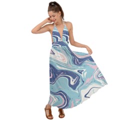 Blue Vivid Marble Pattern Backless Maxi Beach Dress by goljakoff