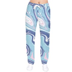 Blue Vivid Marble Pattern Women Velvet Drawstring Pants by goljakoff