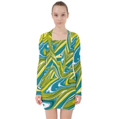 Green Vivid Marble Pattern V-neck Bodycon Long Sleeve Dress by goljakoff