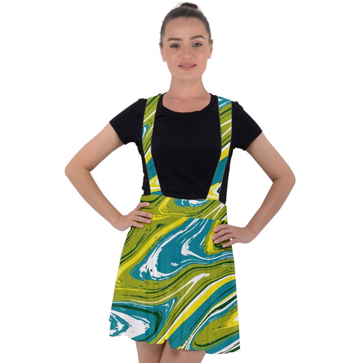 Green Vivid Marble Pattern Velvet Suspender Skater Skirt