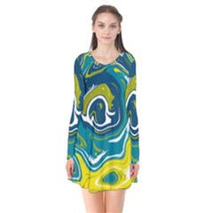 Green Vivid Marble Pattern 14 Long Sleeve V-neck Flare Dress by goljakoff