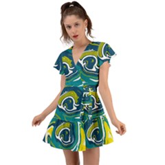 Green Vivid Marble Pattern 14 Flutter Sleeve Wrap Dress by goljakoff