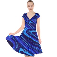 Blue Vivid Marble Pattern 16 Cap Sleeve Front Wrap Midi Dress by goljakoff