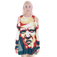 Trump Pop Art Velvet Long Sleeve Shoulder Cutout Dress by goljakoff