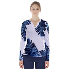 Blue Banana Leaves V-neck Long Sleeve Top by goljakoff