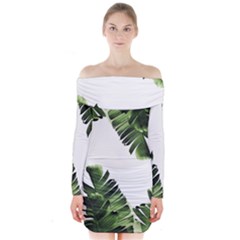 Green Banana Leaves Long Sleeve Off Shoulder Dress by goljakoff