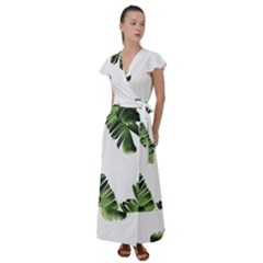 Green Banana Leaves Flutter Sleeve Maxi Dress