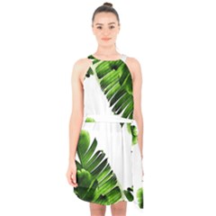 Banana Leaves Halter Collar Waist Tie Chiffon Dress by goljakoff