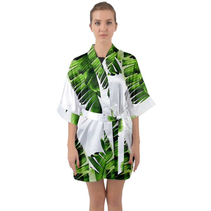 Banana leaves Half Sleeve Satin Kimono 