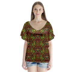 Rainbow Heavy Metal Artificial Leather Lady Among Spring Flowers V-neck Flutter Sleeve Top by pepitasart