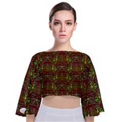 Rainbow Heavy Metal Artificial Leather Lady Among Spring Flowers Tie Back Butterfly Sleeve Chiffon Top by pepitasart