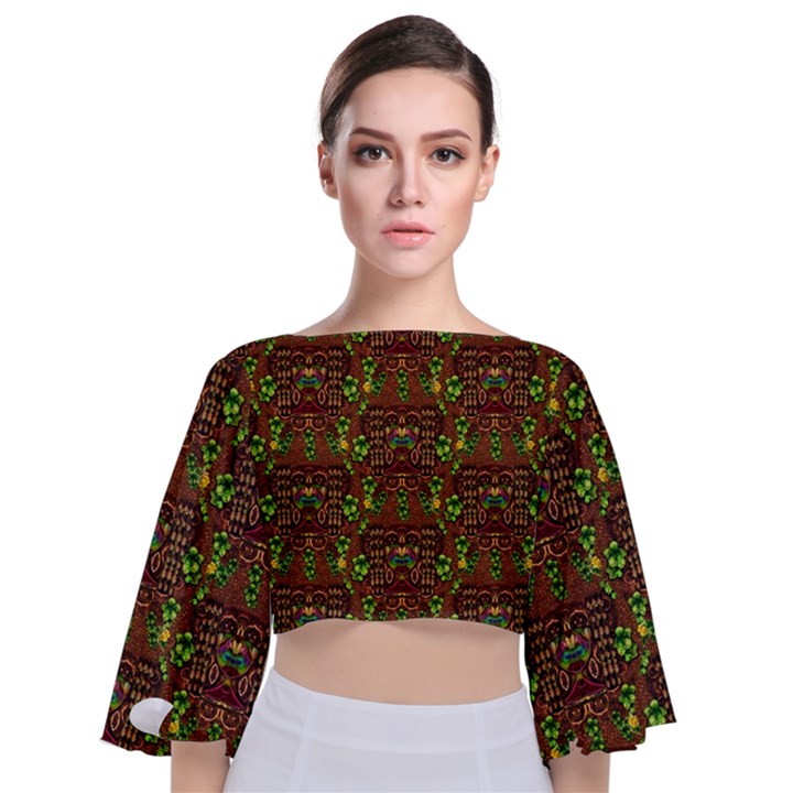 Rainbow Heavy Metal Artificial Leather Lady Among Spring Flowers Tie Back Butterfly Sleeve Chiffon Top