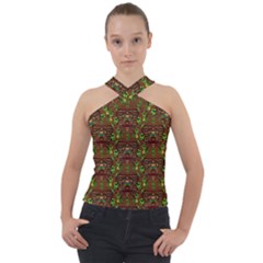 Rainbow Heavy Metal Artificial Leather Lady Among Spring Flowers Cross Neck Velour Top by pepitasart