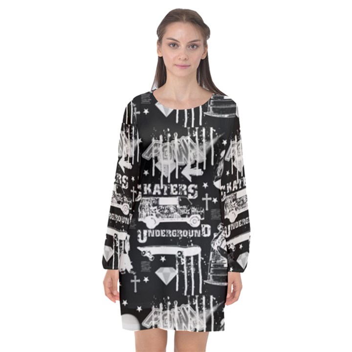 Skater-underground2 Long Sleeve Chiffon Shift Dress 