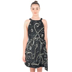 Abstract Surface Artwork Halter Collar Waist Tie Chiffon Dress