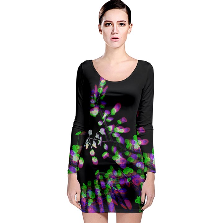 Black Purple Green Flora Fancy  Long Sleeve Bodycon Dress