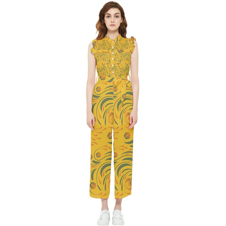 Folk floral pattern. Abstract flowers surface design. Seamless pattern Women s Frill Top Jumpsuit