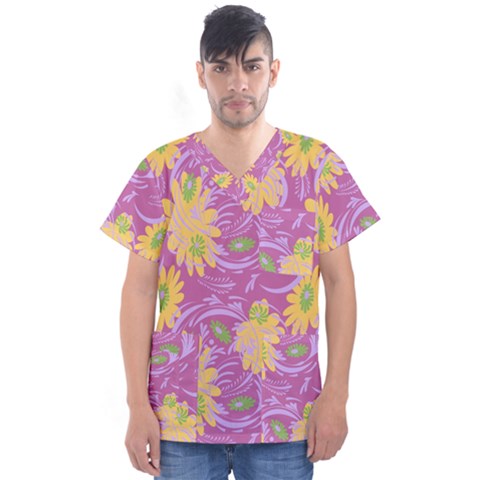 Folk Floral Pattern  Abstract Flowers Surface Design  Seamless Pattern Men s V-neck Scrub Top by Eskimos