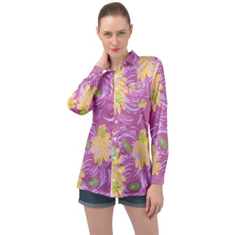 Folk Floral Pattern  Abstract Flowers Surface Design  Seamless Pattern Long Sleeve Satin Shirt by Eskimos